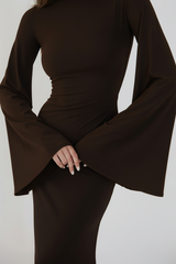 Valentina Long Sleeve Maxi Dress - Chocolate Brown - Flowy Double Layered Gown