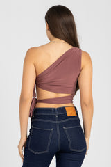 Abstract One-Shoulder Wrap Top – Dusty Rosewood