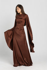 Sun Dress in Brown – floor-length satin maxi dress with flared sleeves and gathered waist
