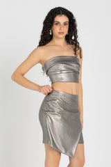 Crest Cut Skirt – Silver | Metallic Asymmetric Mini Skirt