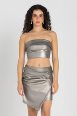 Crest Cut Skirt – Silver | Metallic Asymmetric Mini Skirt