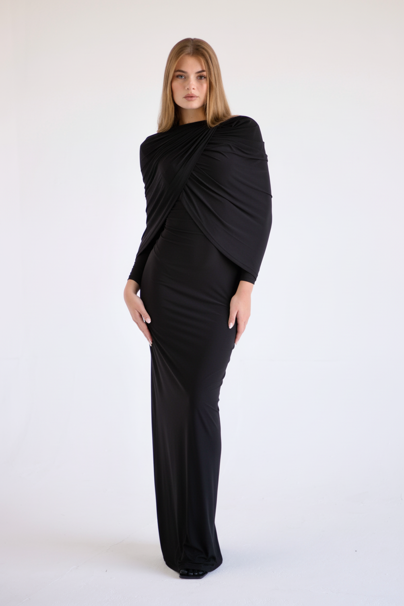 Jeanne Double-Layered Ruched Dress - Black