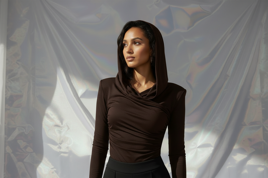 Thea Dark Brown - Hood Up Three Quarter Crop - Black Pants
