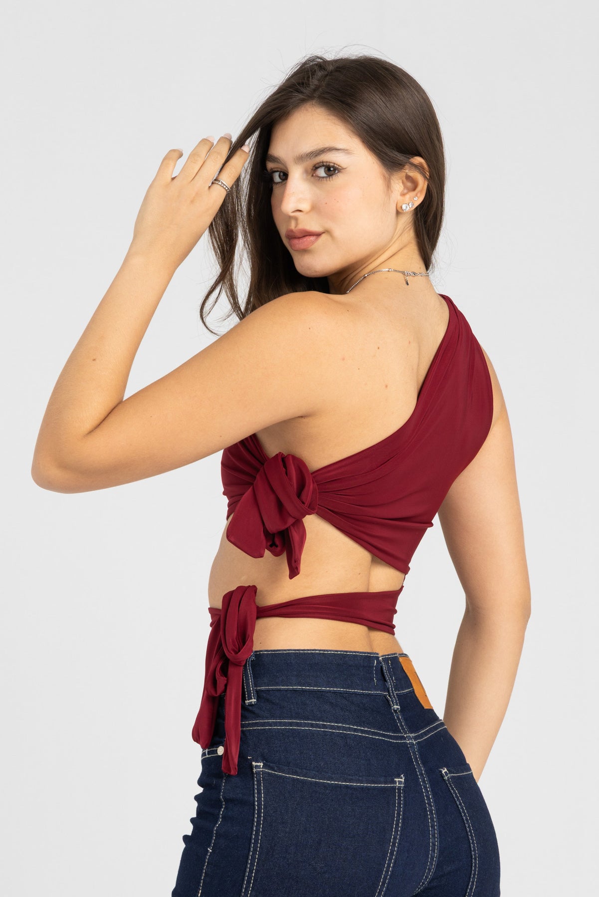 Abstract One-Shoulder Wrap Top – Burgundy