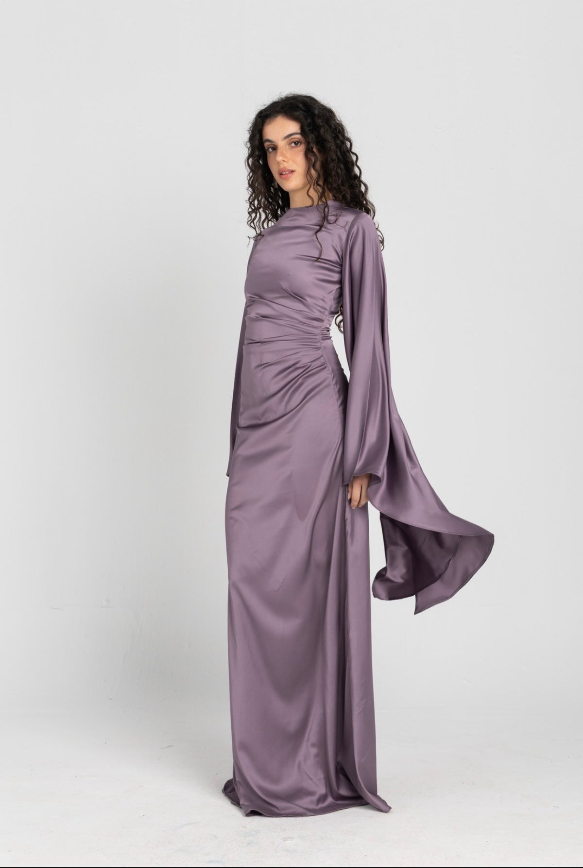Sun Dress in Lilac – floor-length satin maxi dress with flared sleeves and gathered waist
