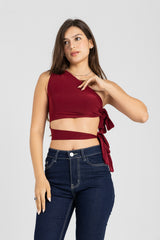 Abstract One-Shoulder Wrap Top – Burgundy