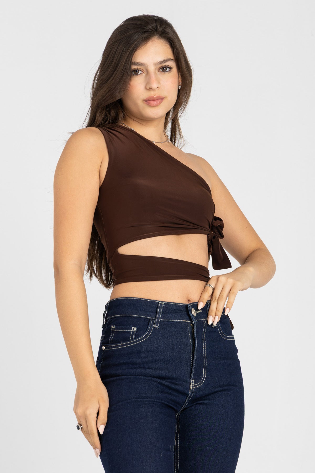 Abstract One-Shoulder Wrap Top – Chocolate Brown