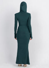 Hera Hooded Dress – Emerald | Double Layer Lycra | Ruffled Side Detail