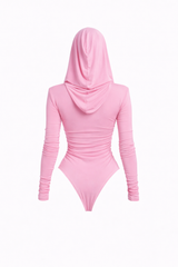 Bubble Gum Pink Thea Bodysuit – structured shoulder stretch bodysuit with hourglass silhouette | sand
