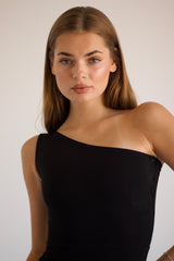 Francesca Gown one-shoulder black evening dress with ruffle detail and side slit – Sand
