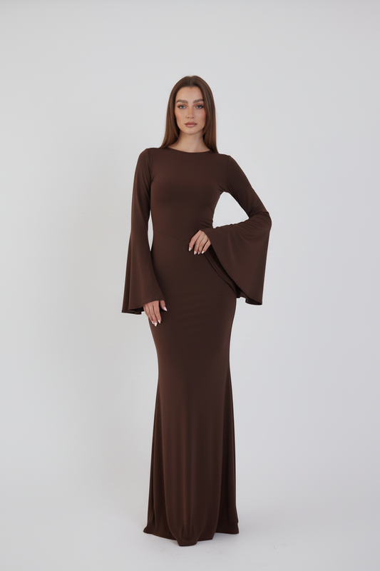Valentina Long Sleeve Maxi Dress - Chocolate Brown - Flowy Double Layered Gown