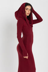 Person wearing a burgundy hooded dress on a white background