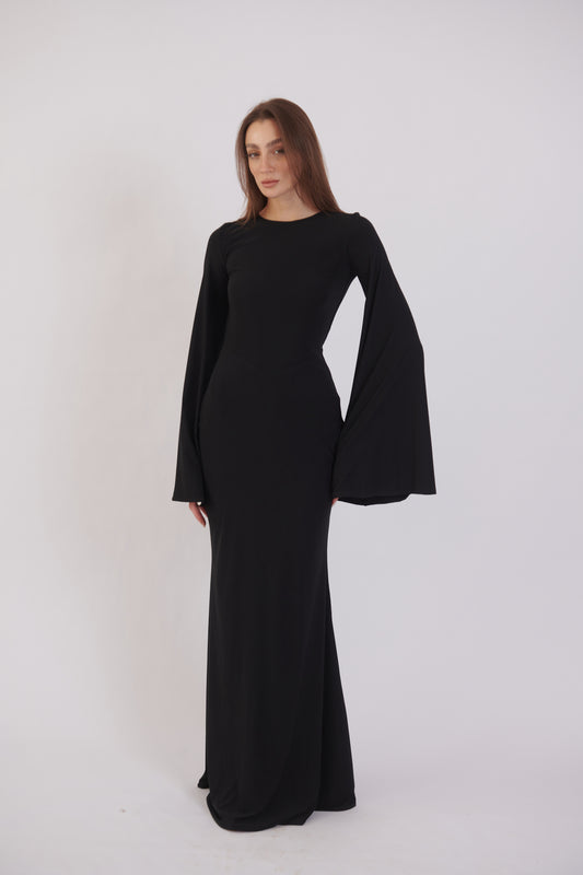 Valentina Long Sleeve Maxi Dress - Black - Flowy Double Layered  Gown