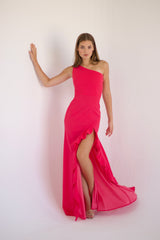 Francesca Gown one-shoulder hot pink evening dress with ruffle detail and side slit – Sand