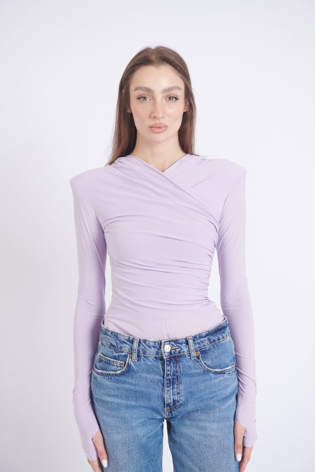 Lilac Thea Bodysuit – structured shoulder stretch bodysuit with hourglass silhouette | sand
