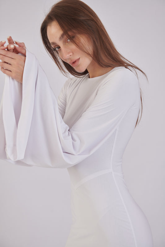 Valentina Long Sleeve Maxi Dress - White - Flowy Double Layered Gown