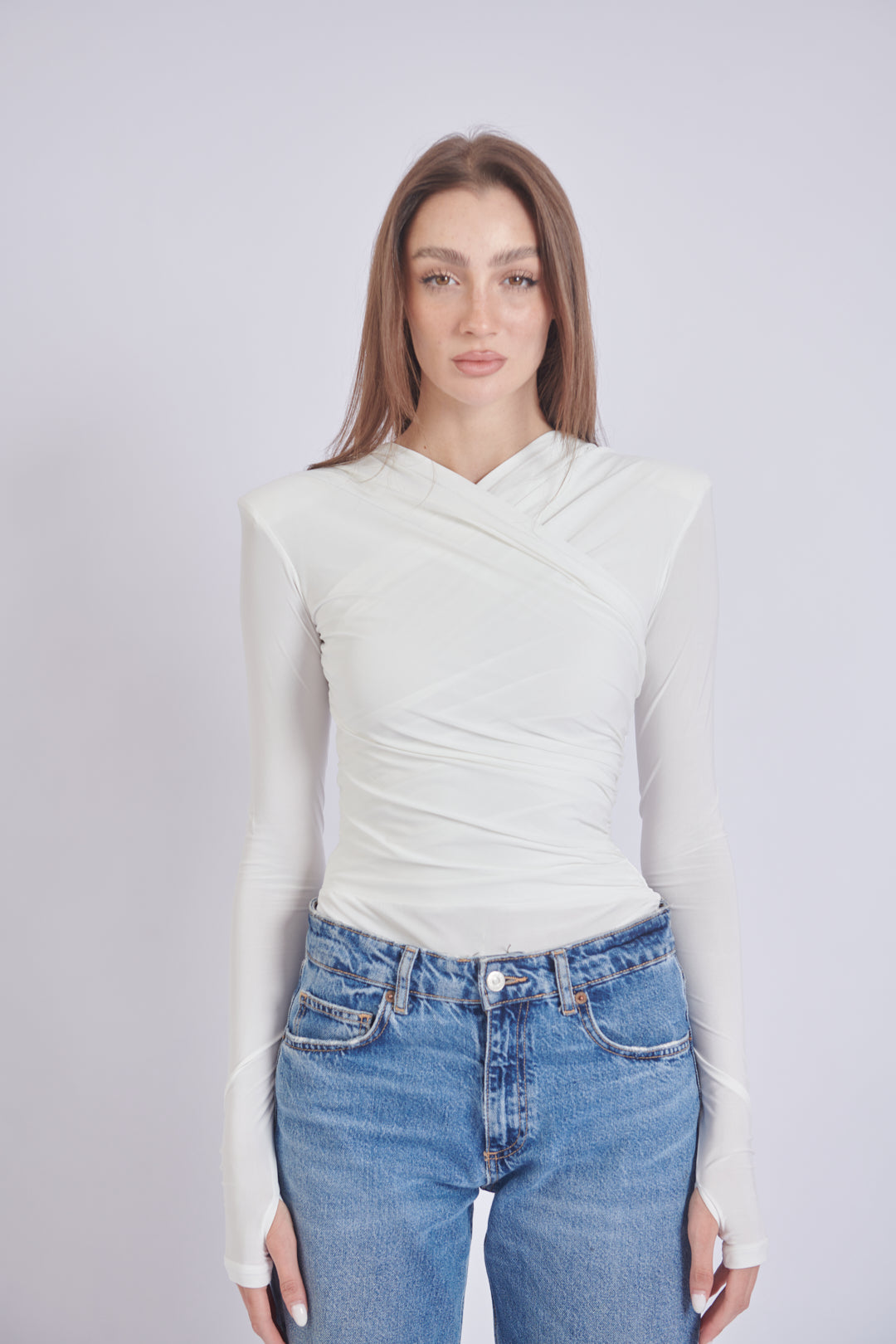 Thea Bodysuit - White Structured Shoulder Bodysuit