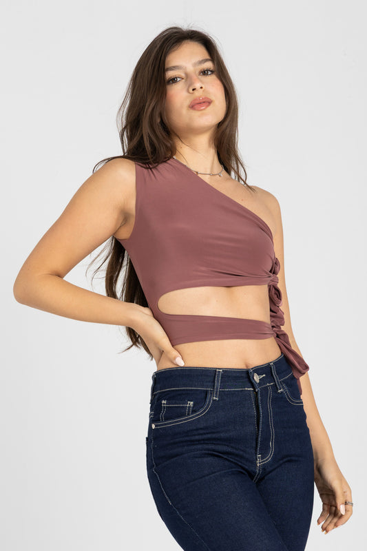 Abstract One-Shoulder Wrap Top – Dusty Rosewood