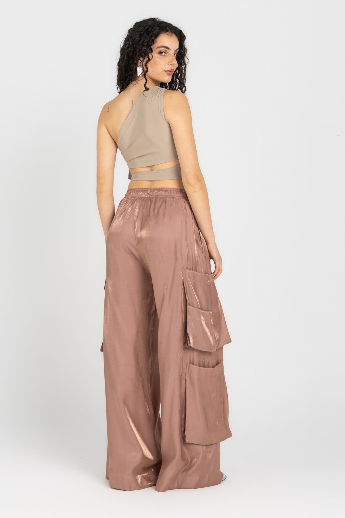 Abstract One-Shoulder Wrap Top – Nude Beige