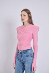 Bubble Gum Pink Thea Bodysuit – structured shoulder stretch bodysuit with hourglass silhouette | sand
