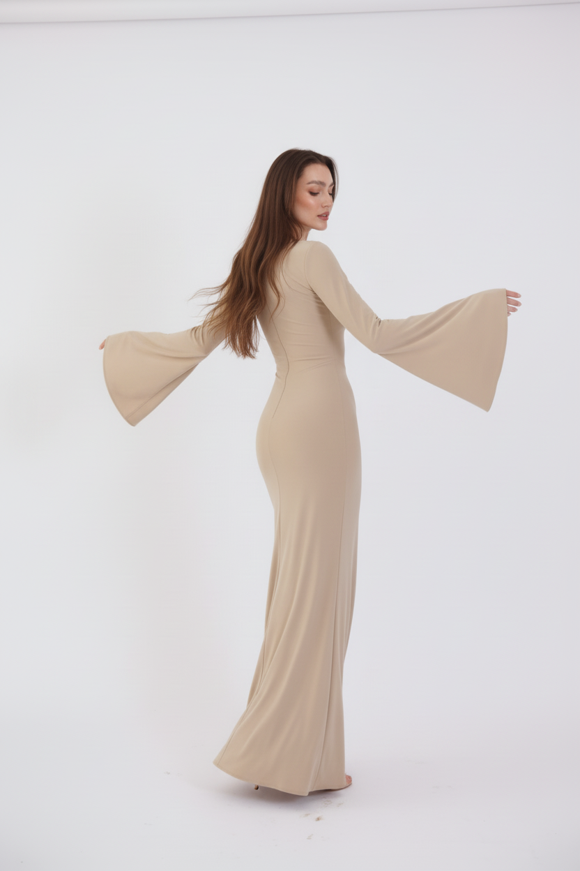Valentina Long Sleeve Maxi Dress - Nude - Flowy Double Layered Gown