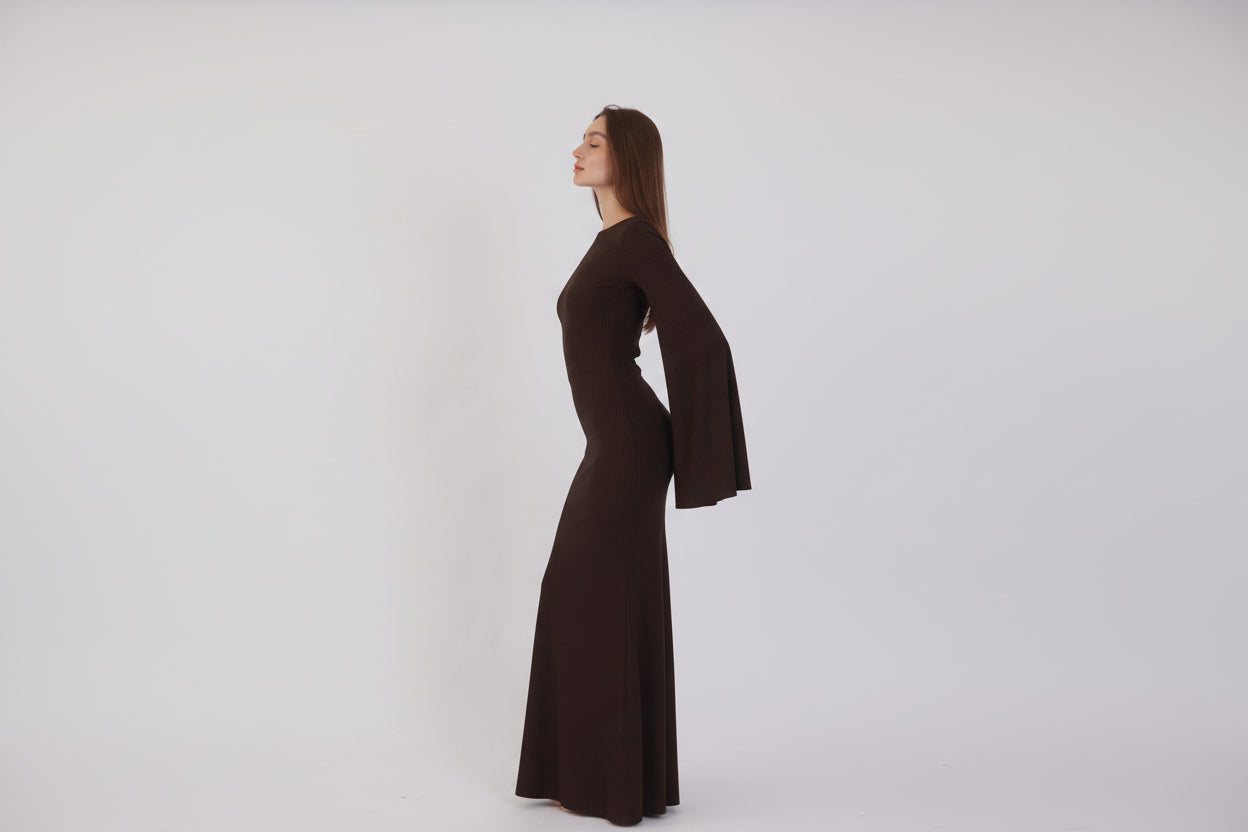 Valentina Long Sleeve Maxi Dress - Chocolate Brown - Flowy Double Layered Gown