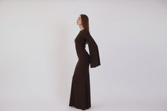 Valentina Long Sleeve Maxi Dress - Chocolate Brown - Flowy Double Layered Gown