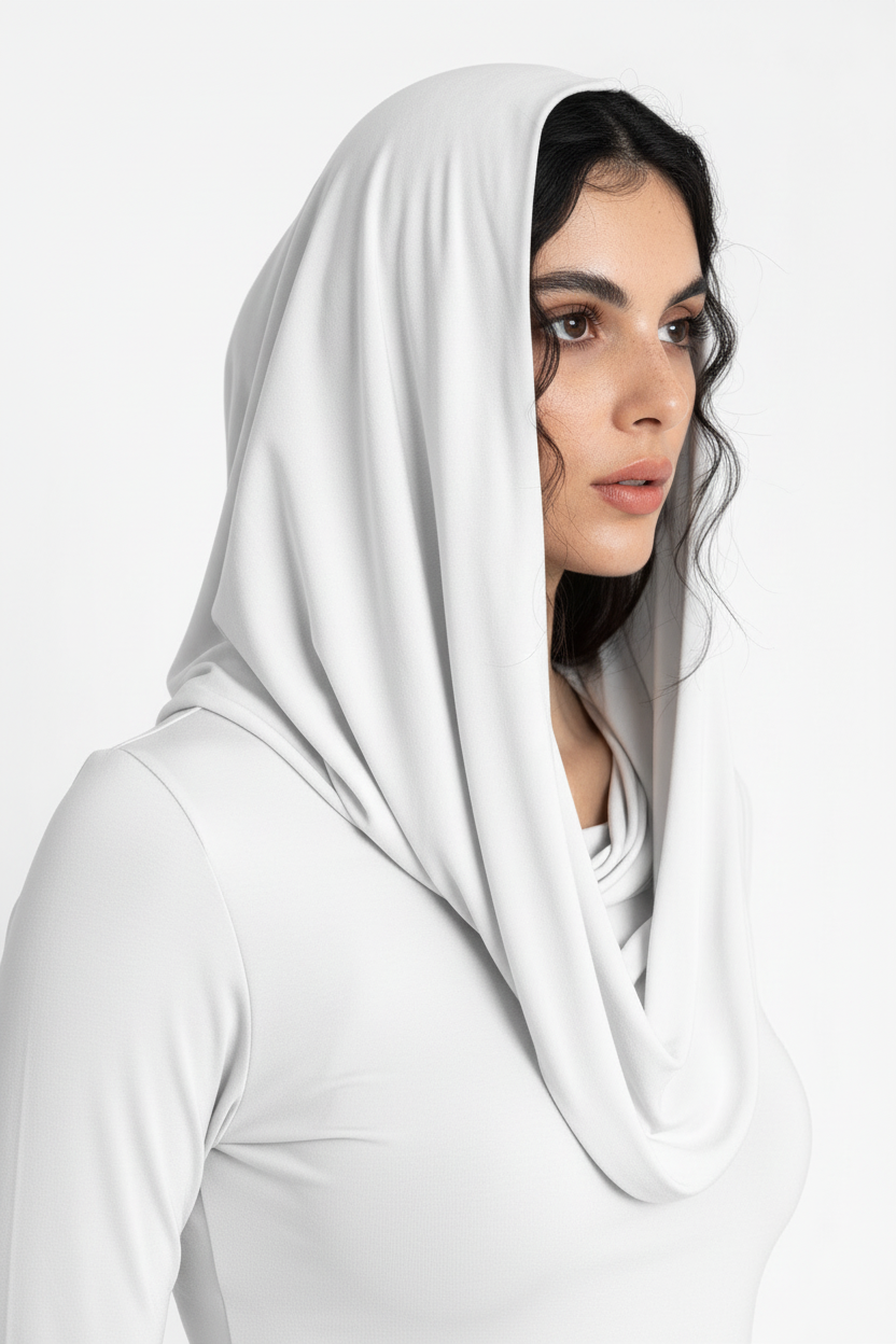 Woman wearing a white hijab against a plain background