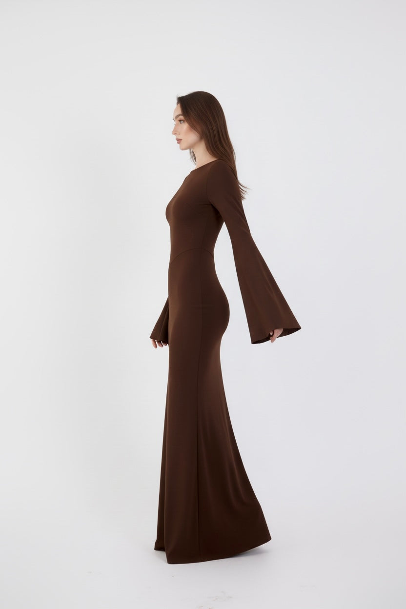 Valentina Long Sleeve Maxi Dress - Chocolate Brown - Flowy Double Layered Gown