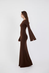 Valentina Long Sleeve Maxi Dress - Chocolate Brown - Flowy Double Layered Gown
