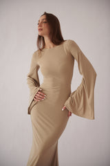 Valentina Long Sleeve Maxi Dress - Nude - Flowy Double Layered Gown
