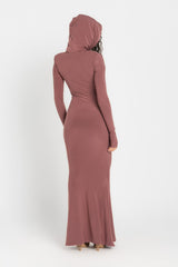 Hera Hooded Dress – Dusty Rosewood | Double Layer Lycra | Ruffled Side Detail