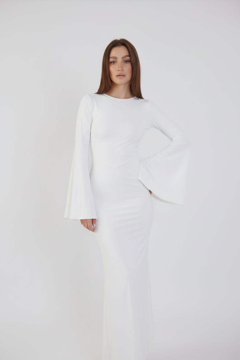 Valentina Long Sleeve Maxi Dress - White - Flowy Double Layered Gown