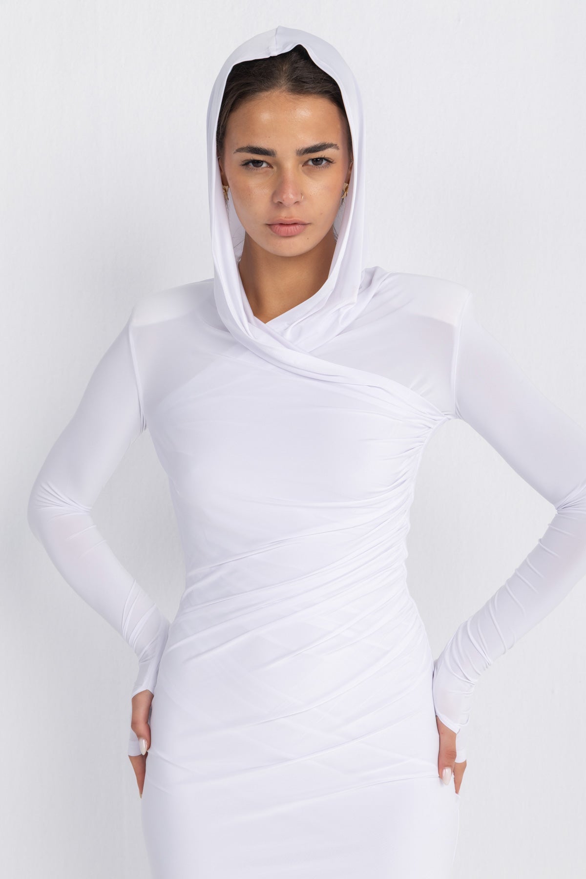 Hera Hooded Dress – White | Double Layer Lycra | Ruffled Side Detail