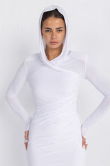 Hera Hooded Dress – White | Double Layer Lycra | Ruffled Side Detail