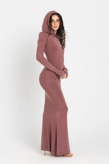 Hera Hooded Dress – Dusty Rosewood | Double Layer Lycra | Ruffled Side Detail
