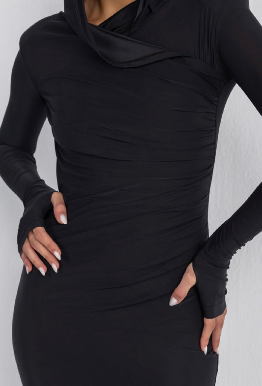 Thea Hooded Dress – Black | Double Layer Lycra | Ruffled Side Detail