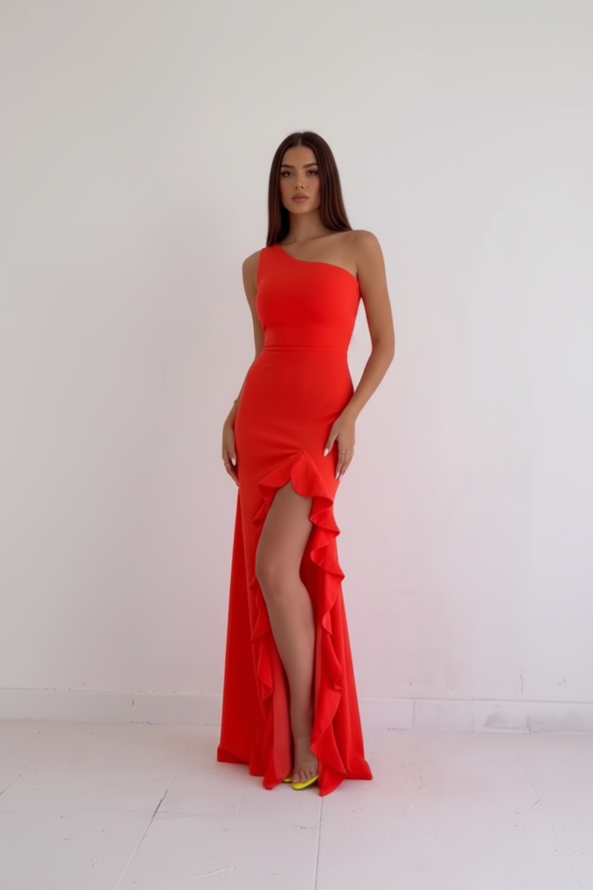 Francesca Gown one-shoulder orange evening dress with ruffle detail and side slit – Sand