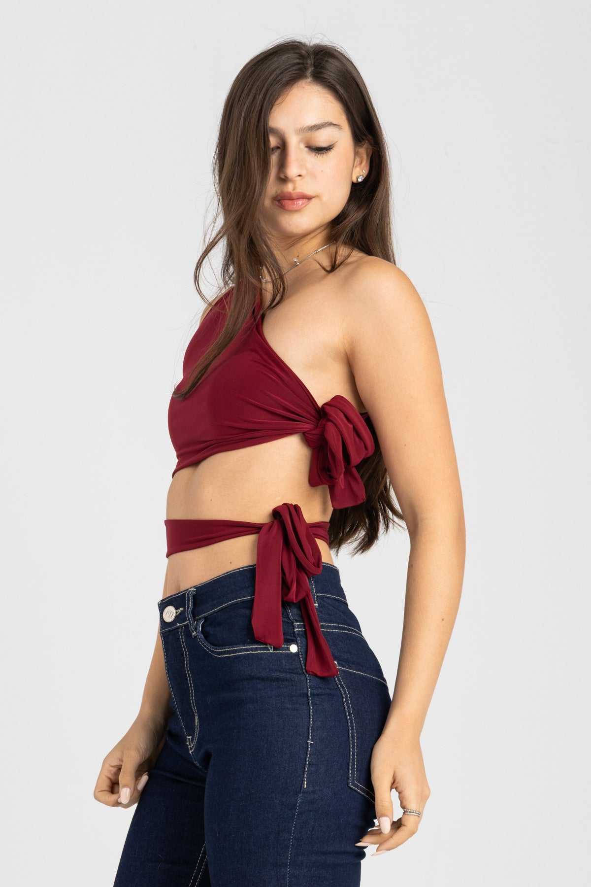 Abstract One-Shoulder Wrap Top – Burgundy