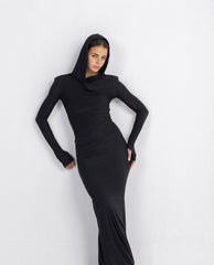 Hera Hooded Dress – Black | Double Layer Lycra | Ruffled Side Detail