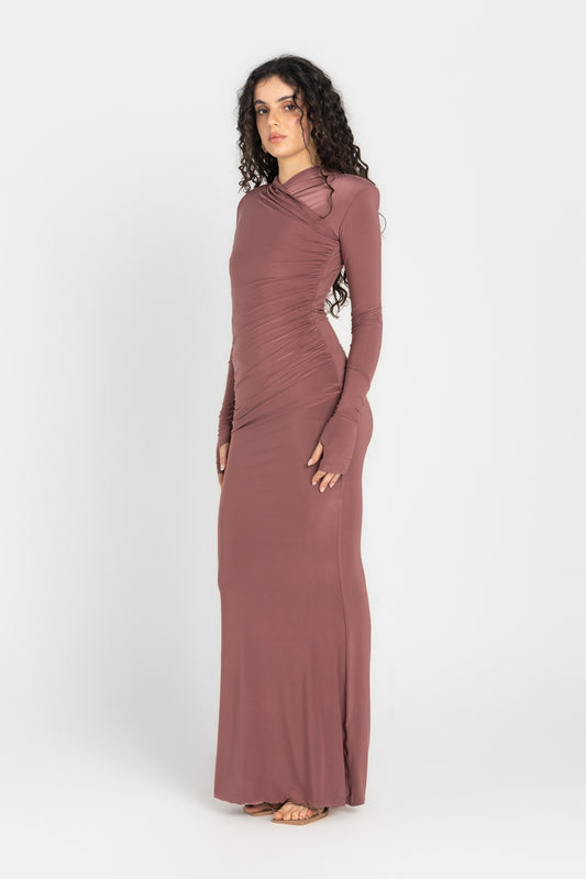 Hera Hooded Dress – Dusty Rosewood | Double Layer Lycra | Ruffled Side Detail