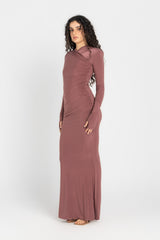 Hera Hooded Dress – Dusty Rosewood | Double Layer Lycra | Ruffled Side Detail