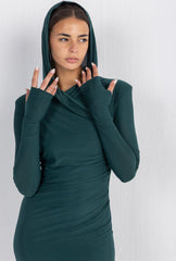 Hera Hooded Dress – Emerald | Double Layer Lycra | Ruffled Side Detail