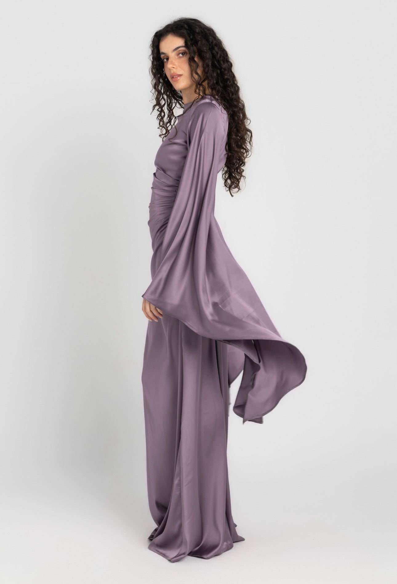 Sun Dress in Lilac – floor-length satin maxi dress with flared sleeves and gathered waist
