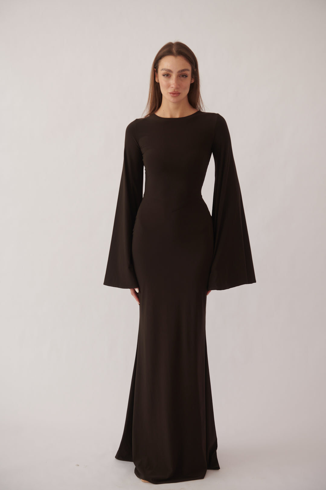 Valentina Long Sleeve Maxi Dress - Chocolate Brown - Flowy Double Layered Gown