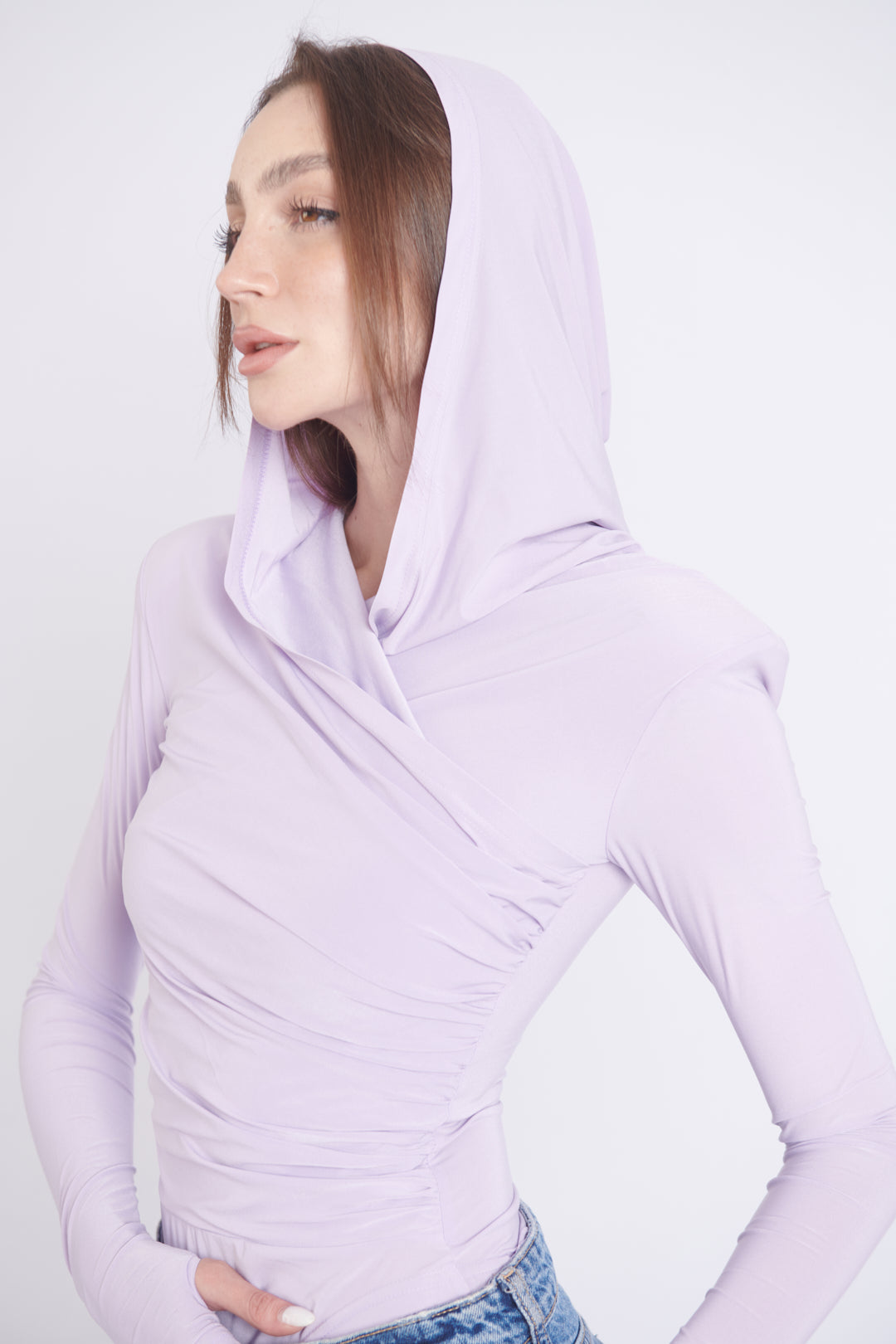 Lilac Thea Bodysuit – structured shoulder stretch bodysuit with hourglass silhouette | sand
