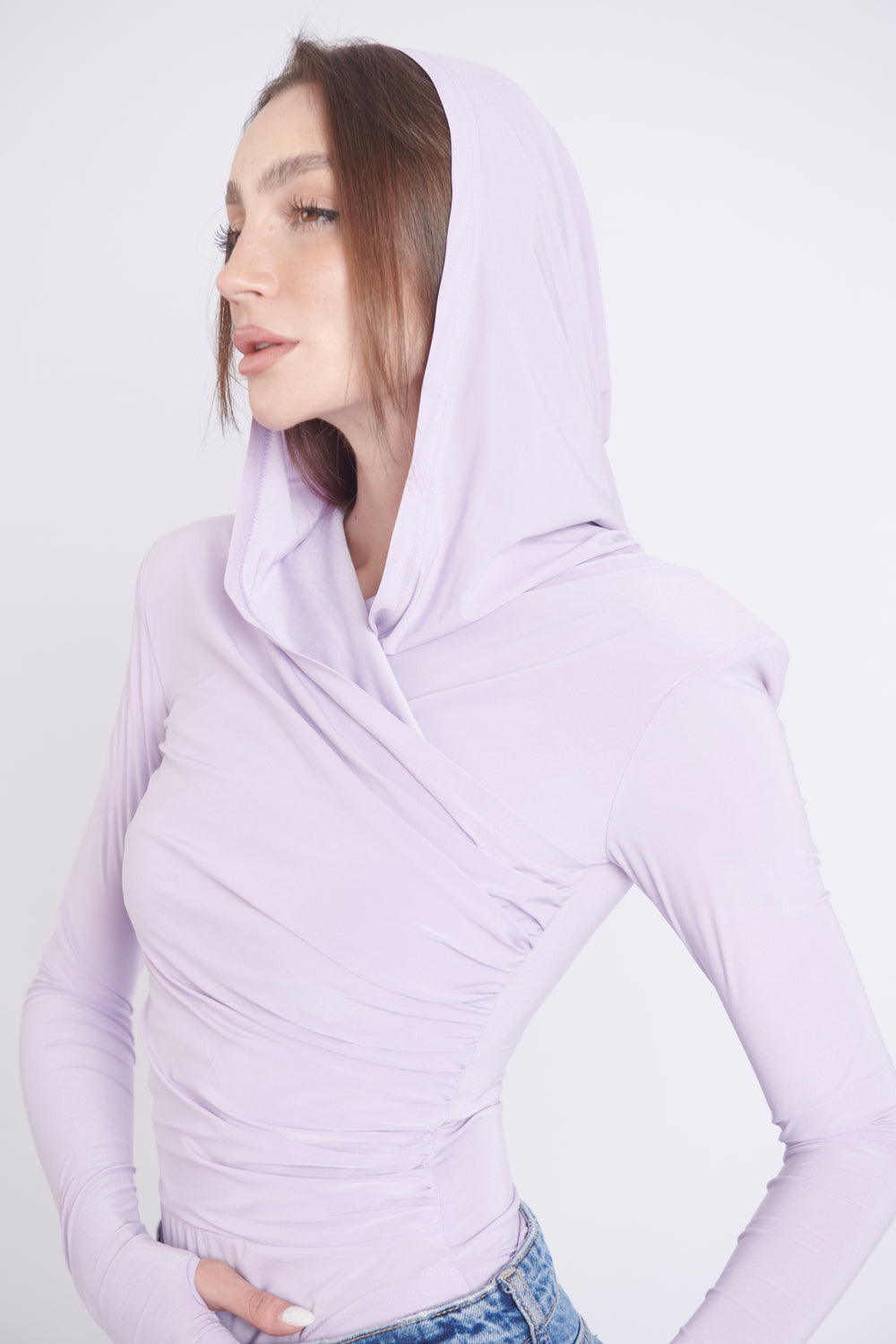 Lilac Thea Bodysuit – structured shoulder stretch bodysuit with hourglass silhouette | sand
