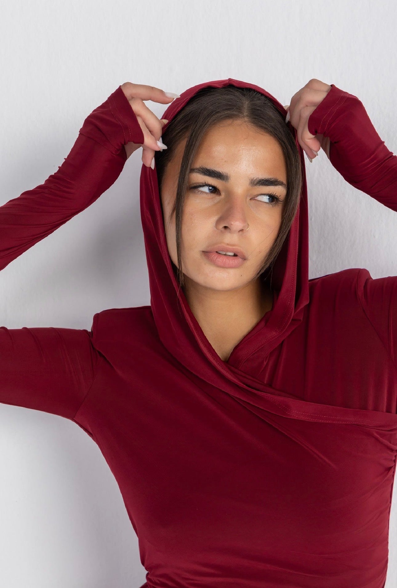 Hera Hooded Dress – Burgundy | Double Layer Lycra | Ruffled Side Detail