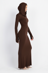 Hera Hooded Dress – Chocolate Brown | Double Layer Lycra | Ruffled Side Detail