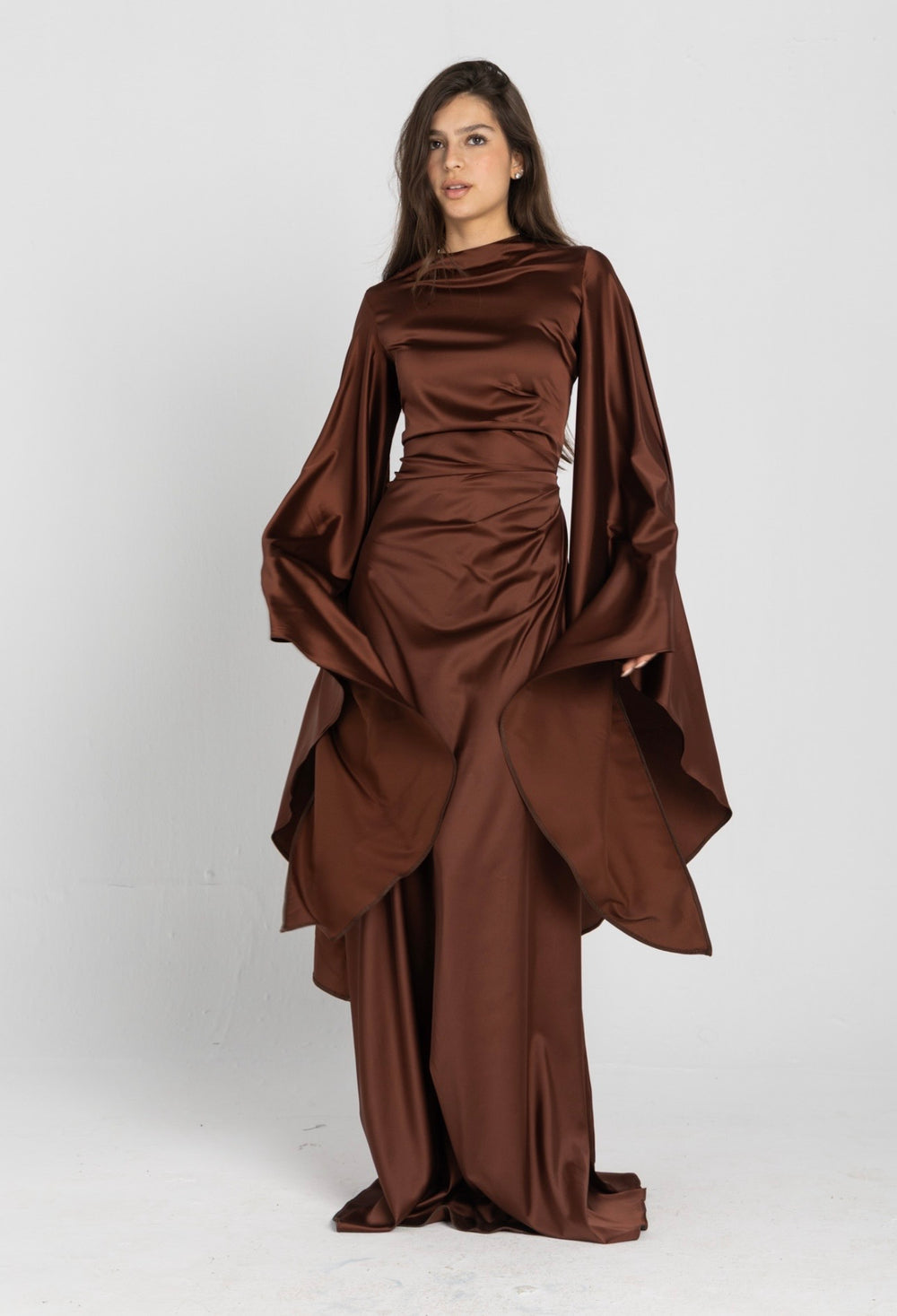 Sun Dress in Brown – floor-length satin maxi dress with flared sleeves and gathered waist

